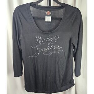 Women's Harley Davidson Rhinestone Top 3/4 Sleeve Deluxe Back Detail‎ Medium